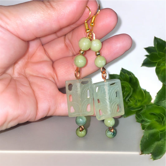 Green Jade Carving Earrings
